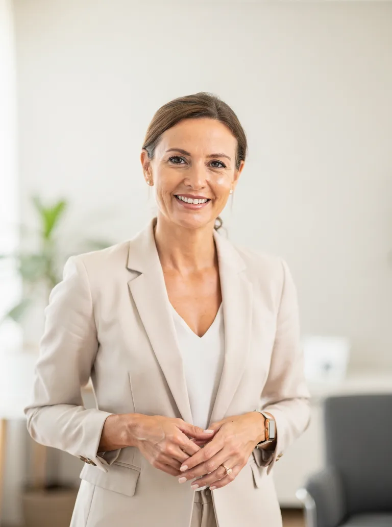 An illustrative woman clinician smiles in a bright professional setting.