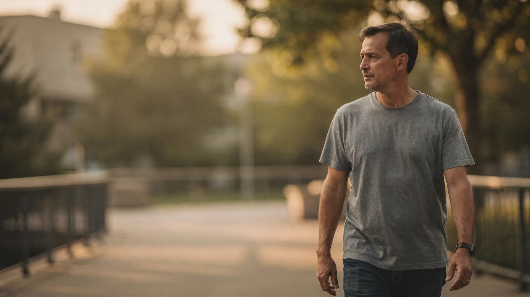 A man walks along a paved path in warm evening light.